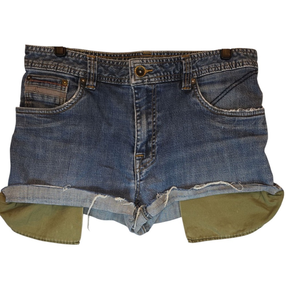 Prana CUT OFF‎ Denim Shorts Raw Hem Sz 10/30 From Mens Jeans Blue Green Pockets